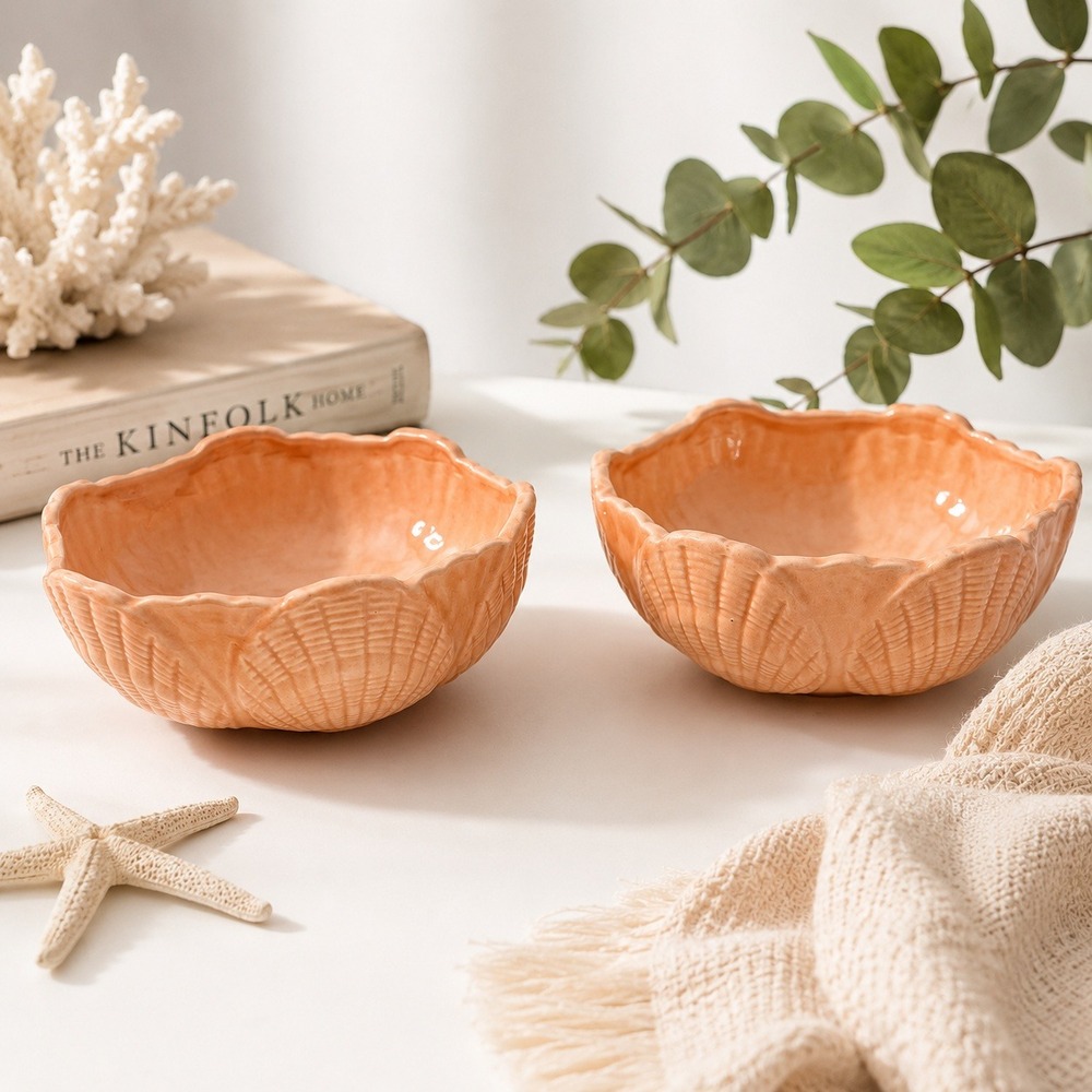Vintage Peach Ceramic Scallop Sea Shell Decorative Bowls Set of 2 Coastal Decor